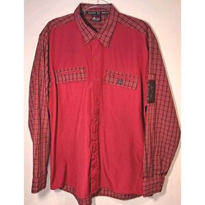 Bugle Boy Jean Company Mens Large Button‎ Up Red Plaid Shirt Y2K Patches